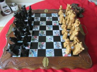 Antique Asian Chinese Chess Set - Wood Carved Figures - Tile Board