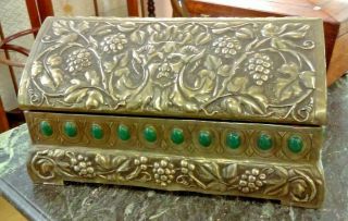 Arts & Crafts Hammered Pewter Box Of Sarcophagus Form With Green Stones