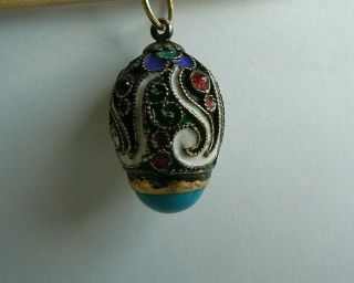Imper.  Russian Faberge Egg 84 Silver Enamel Pendant With Turquoise & Garnet