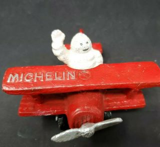 Vtg Michelin Man Bibendum Vintage Cast Iron Red Model Biplane Airplane Figurine