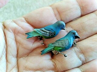 2 Vintage Takahashi Style Brooch Bird Hand Painted Miniature Scatter Pins Wood