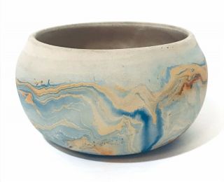 Vintage Nemadji Pottery Bowl 4.  5 " Earth Tones Blue Orange Swirls Made In Usa