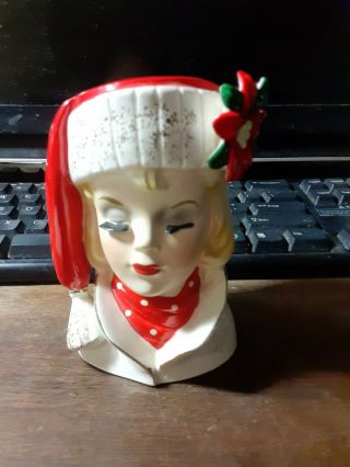 Vintage Napco Ware Christmas Holiday Lady Head Vase W/santa Hat ❤