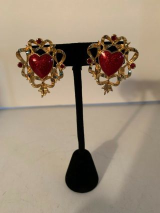 Vintage Avon Gold Tone Red Enamel Hearts Rhinestones Post Earrings 21m