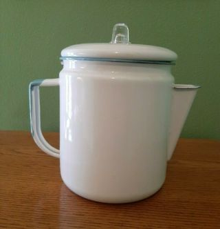 Vintage Aqua White Enamelware Graniteware Perculator Coffee Pot
