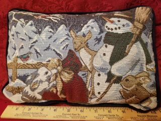 Vintage Tapestry Victorian Snowman And Friends Christmas Holiday Throw Pillow