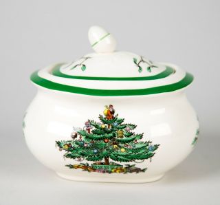 Spode Christmas Tree Green Trim Sugar Bowl & Lid Vintage Holiday