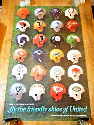 C 1960s United Airlines Nfl Travel Poster Pro Football Helmets Ual