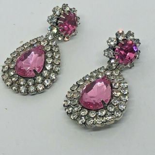Vintage Tear Drop Pink Cabochon & Clear Rhinestone Pierced Dangle Earrings