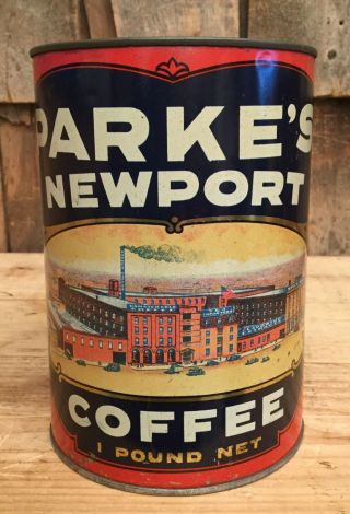 Antique Parke’s Newport Coffee 1 Pound Tin Can W Industrial Graphic Sign