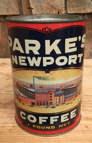 Antique PARKE’S NEWPORT COFFEE 1 Pound Tin Can W Industrial Graphic Sign 2