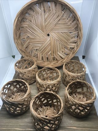 Set Of 6 Vintage Wicker Rattan Boho Drinking Cup Holders Round Basket Tray Set