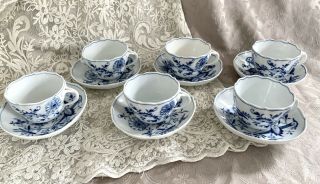 (6) Antique Meissen Blue Onion Porcelain Coffee Cups & Saucers Crossed Swords