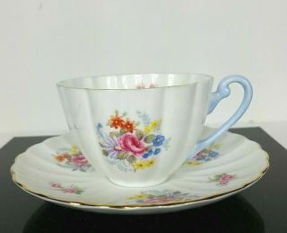 Vintage Shelley Cup And Saucer Floral Gold Trim Blue Handle Scalloped Immac Sh