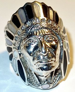 Vintage Native American Indian Chief Sterling Ring Black Onyx Mop Inlay Size 10