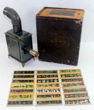 Antique Magic Lantern Slide Projector W/ 21 Animated Slides & Wooden Box