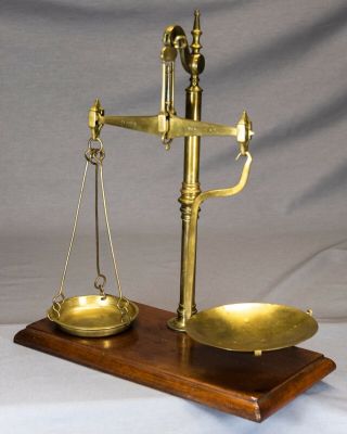 Small Antique Brass Balance Beam Scale On Wooden Base