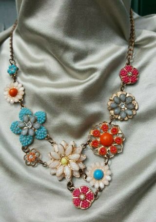 Vintage Costume Jewelry Statement Necklace Multi Colors Flowers