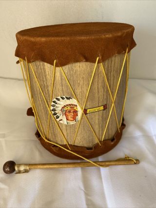 Vintage Toy Souvenir Native American Indian Drum Rawhide Marquette Mi Tom Tom