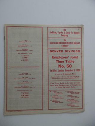 1932 Santa Fe And Denver Rio Grande Western Joint Employee Timetable No 50 Atsf