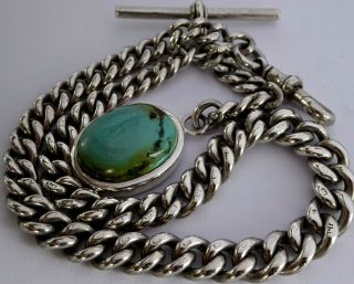 Fabulous Victorian Solid Silver Pocket Watch Albert Chain & Turquoise Fob.  57.  9g