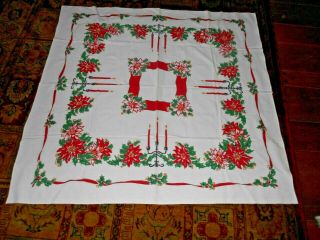 Vintage Christmas Tablecloth 45 " X 47 " Cotton Euc Holly Poinsettia