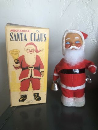 Vintage Mechanical Santa Claus Wind Up Toy Alps Made In Japan Rings Bell