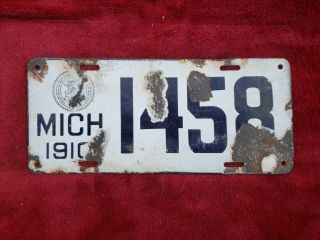 1910 Michigan Porcelain License Plate 1458 4 Digit All Low Number
