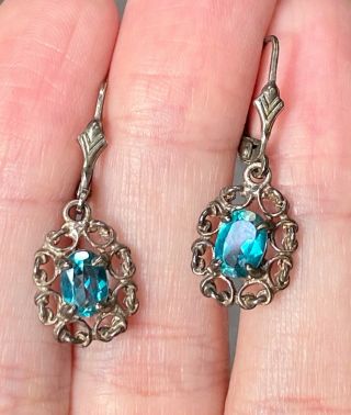 Vtg Sterling Silver 925 Blue Stone Dangle Pierced Earrings Marked 1 1/4 " D01