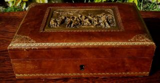 Antique French Jewelry Box Wood And Leather