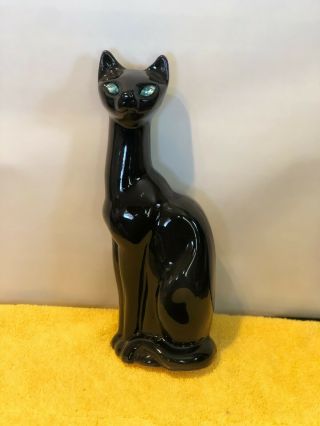Vintage Blue Eyed Black Cat Figurine 10.  5 " Tall Shiny Ceramic