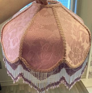 Antique Victorian Pink Brocade Glass Beaded Fringe Lamp Shade 14x12