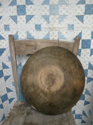 Lg Early Antique Wood Dough Bowl W Rim Dark Patina Surface 15 "