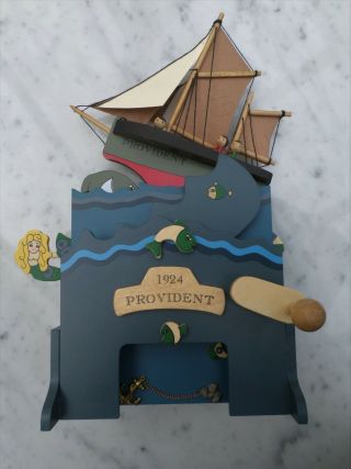 Vintage Wooden Wind Up Toy Sailing Boat Mermaid Crab Fish Birthday Nursery Gift