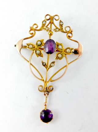 Antique Edwardian 9ct Rose Gold Amethyst & Seed Pearl Lavaliere Pendant Brooch