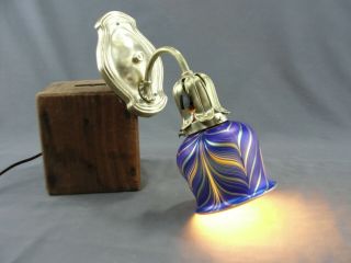 Antique Art Deco Brass Wall Sconce Light Lamp Pulled Feather Cobalt Glass Shade