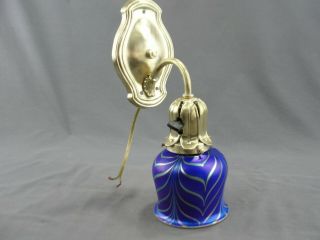 Antique Art Deco Brass Wall Sconce Light Lamp Pulled Feather Cobalt Glass Shade 2