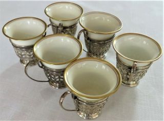 6 Antique Gorham Sterling Silver Demitasse Liners Holders W/ Lenox Cups Ex - Cond