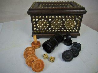 Antique Backgammon Chekers Counters Set Of 30 And Dice Plus Shaker,  Box
