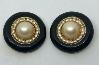 Vintage Large Black Gold Rhinestones Faux Pearl Cabochon Earrings - Joan Rivers