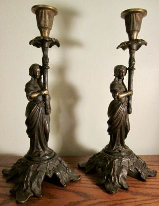 Antique Art Nouveau Figurative Candle Holders 11” Brass,  Bronze,  & Iron