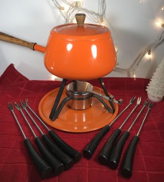Vintage Aluminum Japan Orange Fondue Set Wit 8 Forks,  Burner Pan,  Stand And Tray