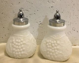2 Vintage White Milk Glass Salt And Pepper Shakers,  Large,  Textured,  Grapes 1951