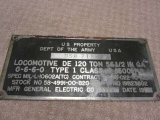 Usa Army Locomotive General Electric De 120 Ton Builders Plate Circe 1953