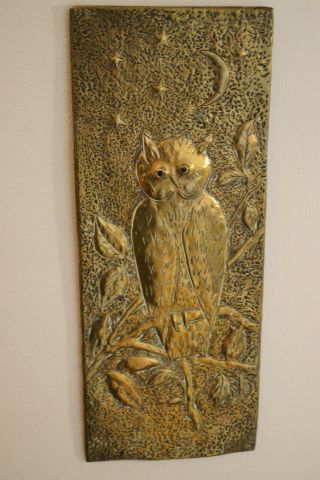Arts And Crafts Brass Owl Wall Plaque - Hand Hammered Brass Wall Panel