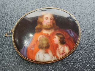 Large Antique 9ct Gold Hand Painted Jesus Religious Brooch