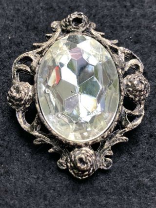 Clear Rhinestone Rose Silvertone Vintage Brooch Pin