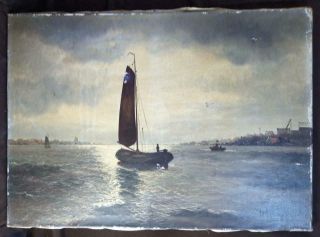 Antique Old European Oil Painting Nautical Coastal Landscape Ship Boats Seascape