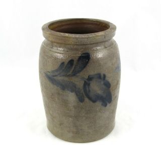 Antique Salt Glazed Stoneware Crock Cobalt Blue Flowers 6 3/4 "