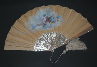 Fine Antique French Art Nouveau Mother Of Pearl Hand Painted Cherub Silk Fan